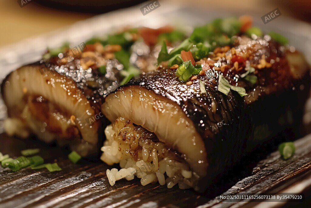 美味寿司卷 内含米饭和海鲜 装饰有葱花和辣椒碎