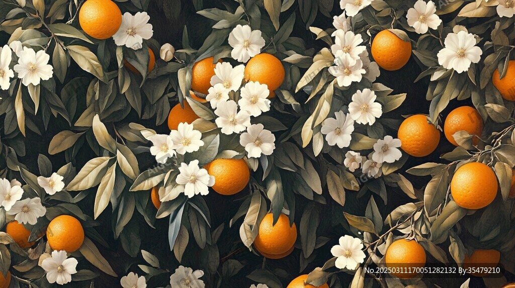 橙色花朵与橙子