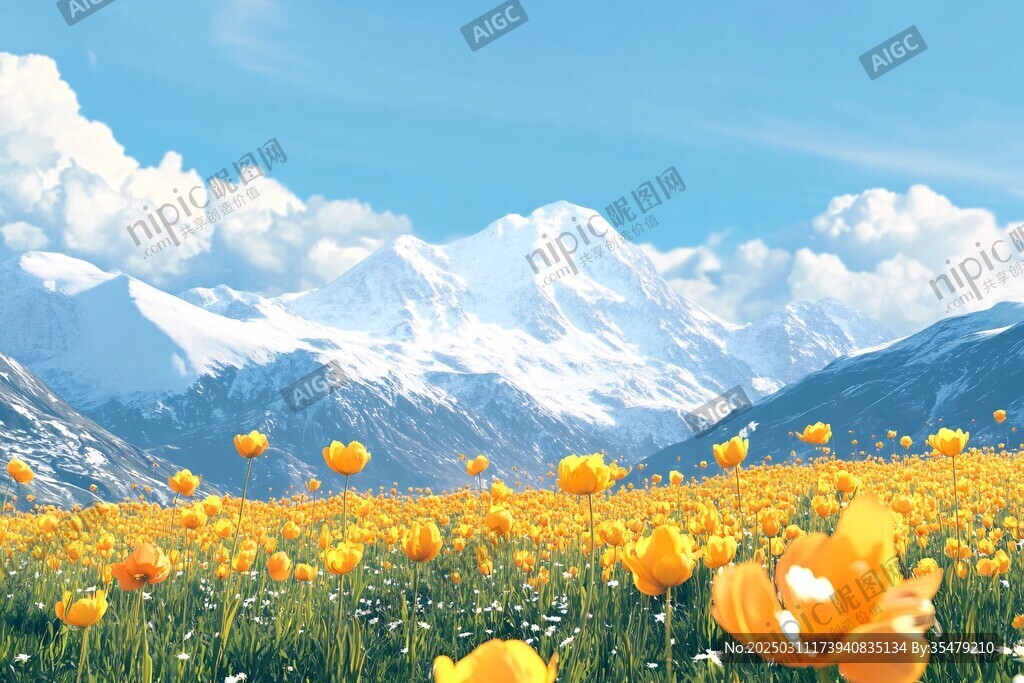 山脉下的金色花海