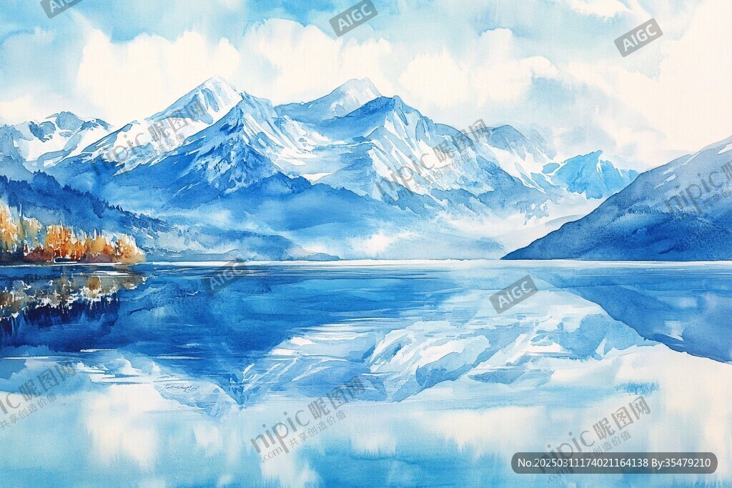 水彩画中的宁静湖泊与雪山