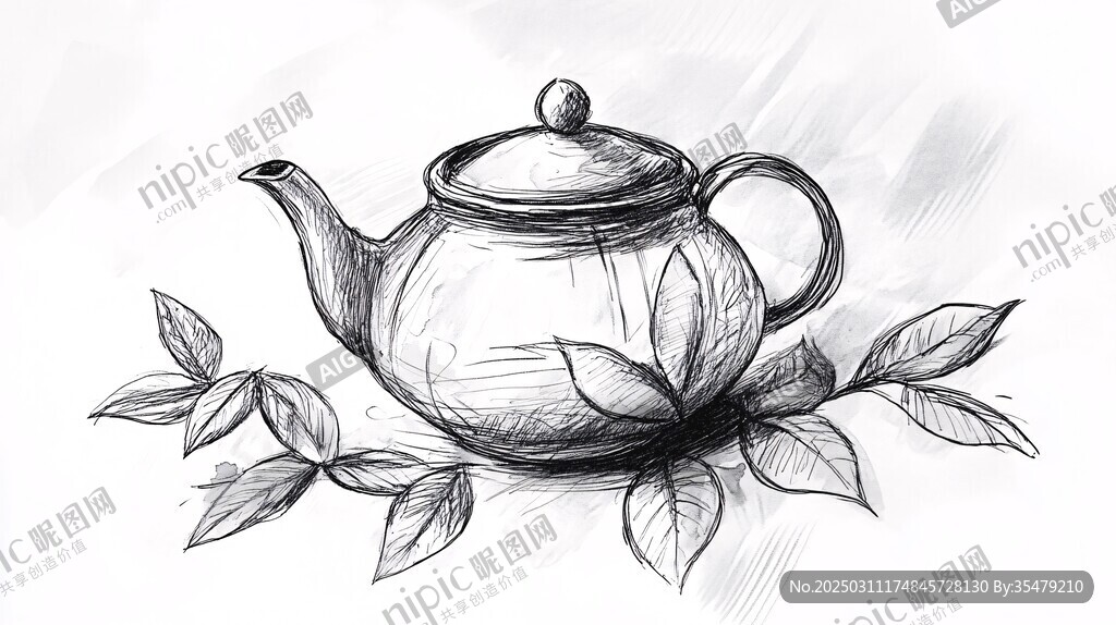 茶壶与树叶的静物素描