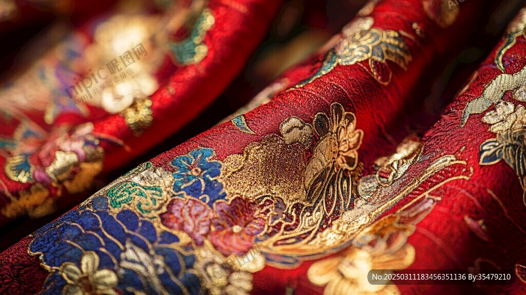 红色绸缎上的金色花卉图案