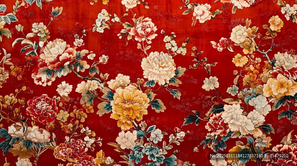 红色花卉图案织物