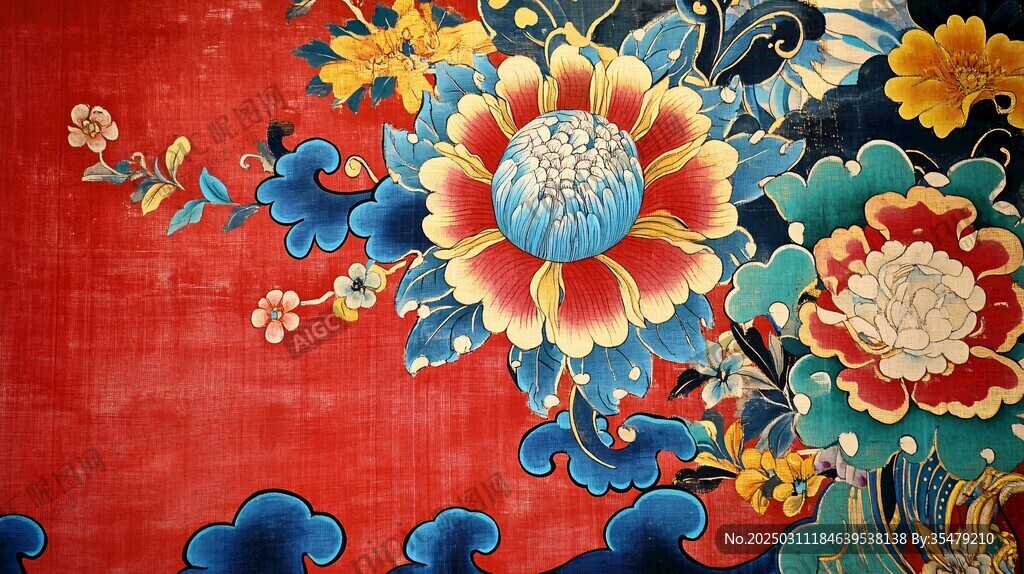 红色背景上的花卉图案