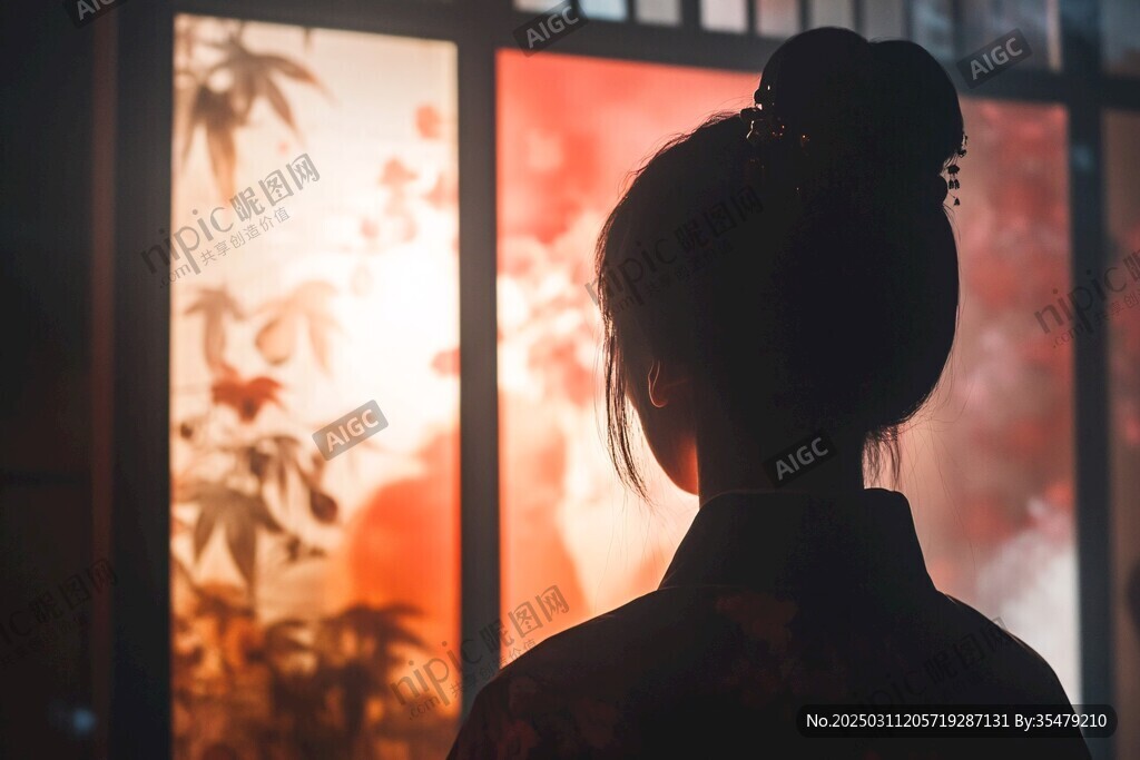 女子剪影 红色窗纱 传统服饰 发髻 室内 宁静 美丽 艺术 文化 历史