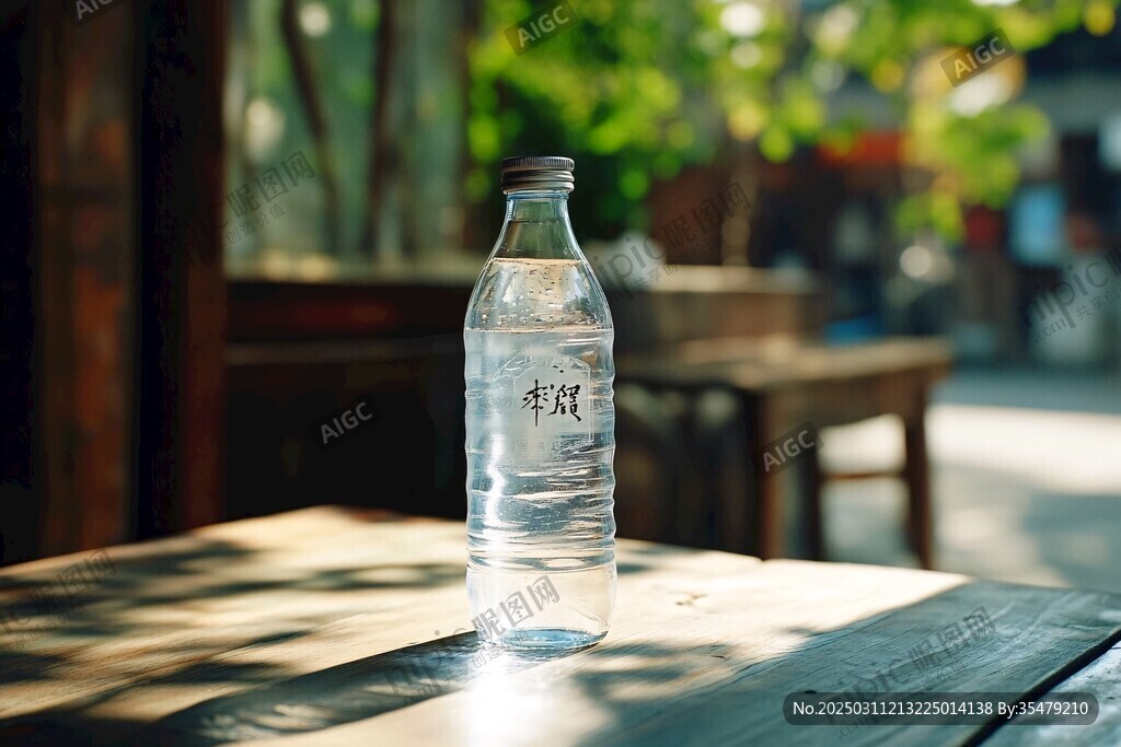 木桌上的透明水瓶