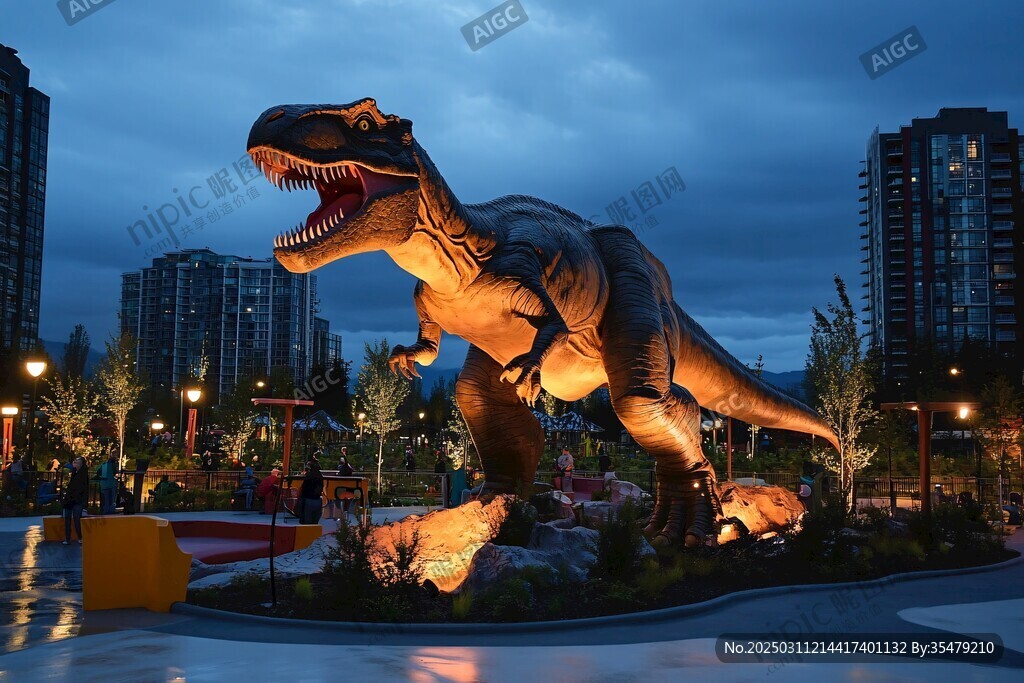 恐龙雕塑在夜晚的城市广场上亮相