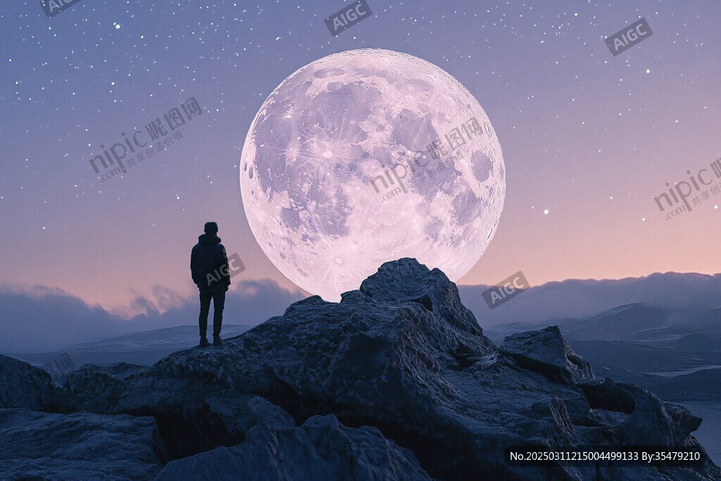 孤独的宇航员凝视着满月