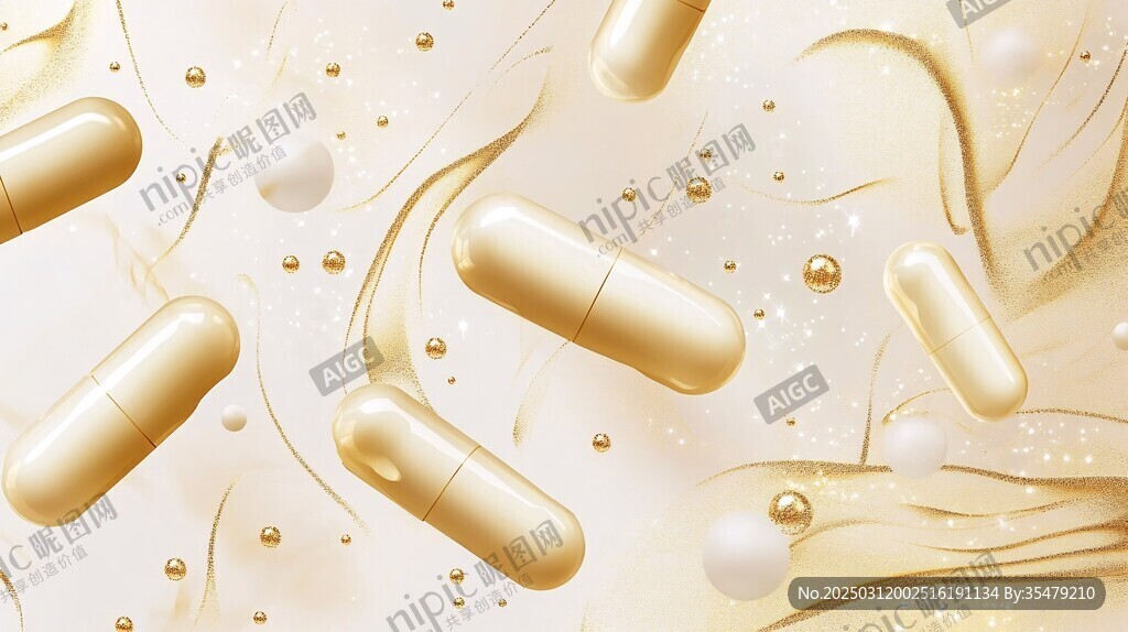 金色胶囊在抽象液体背景中浮动