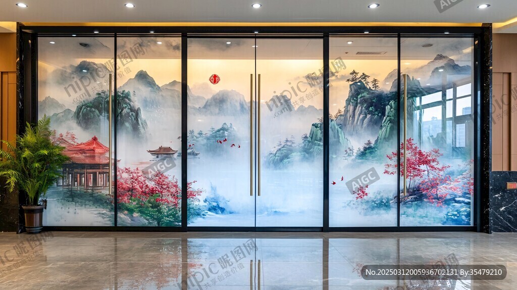山水画玻璃门
