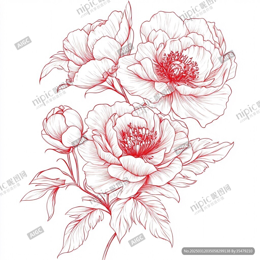 红色线条勾勒的花卉插画