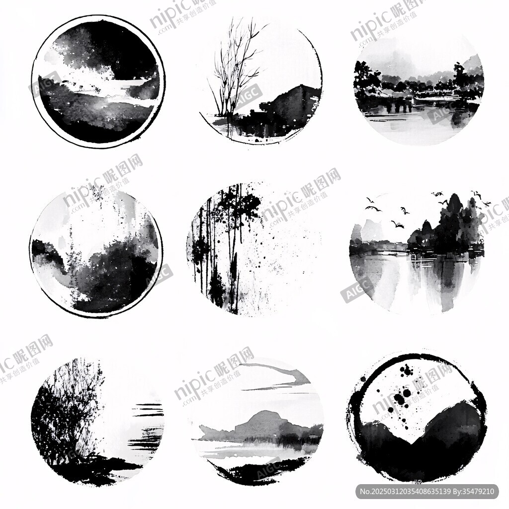 圆形水墨风景画