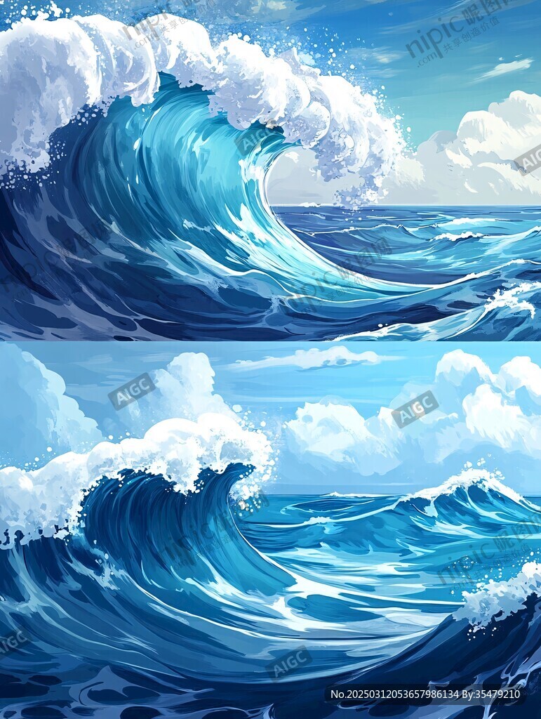 汹涌的海浪与晴朗的天空