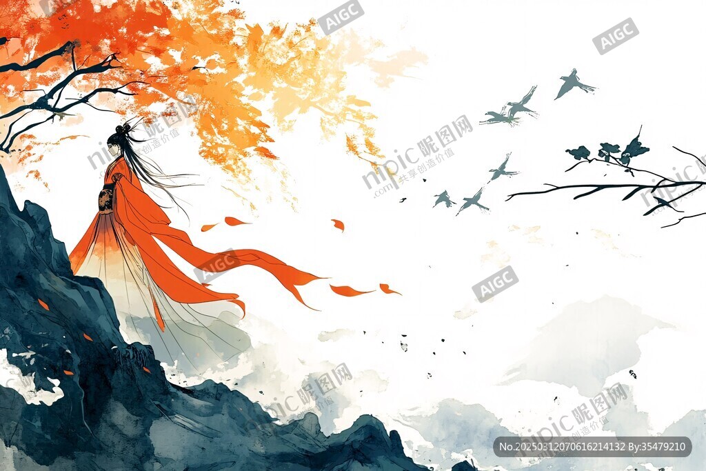 秋日漫步 红衣女子 飞鸟 山水画 中国风 红叶 风景 宁静 自然 艺术 插画