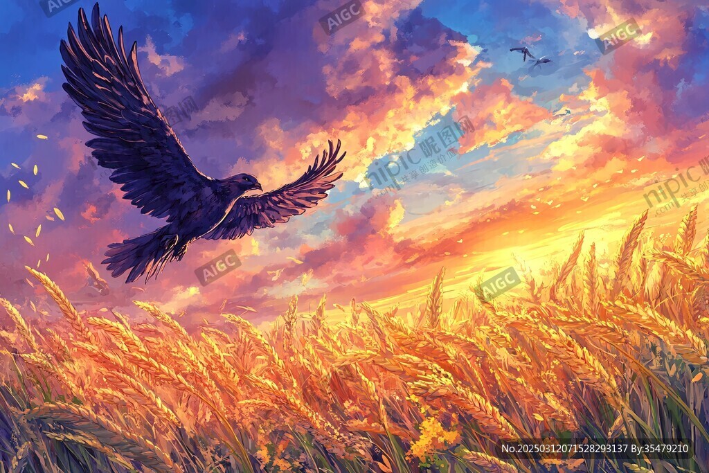 落日麦田里的飞鹰