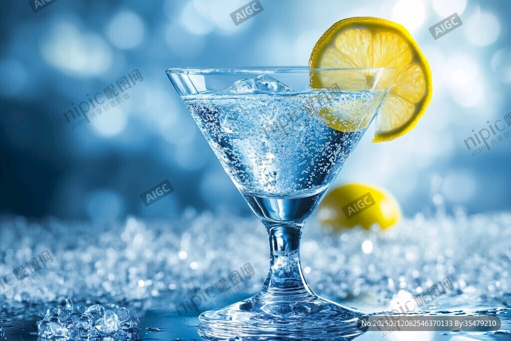 清爽夏日 柠檬片点缀的透明鸡尾酒