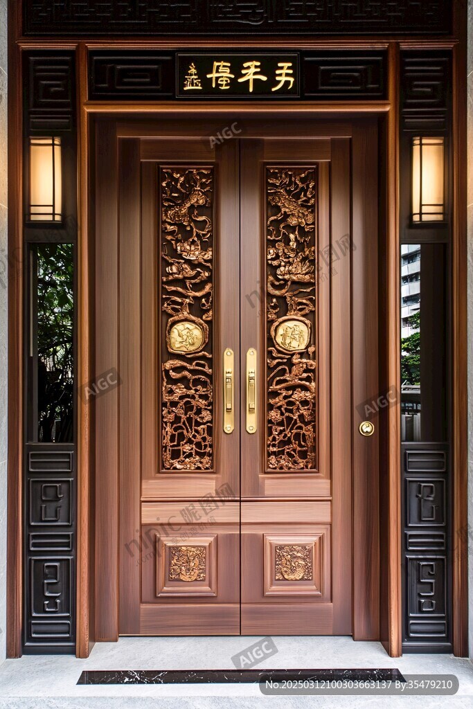 古朴木门 雕刻精细 金色把手 黑色背景 黄色字体