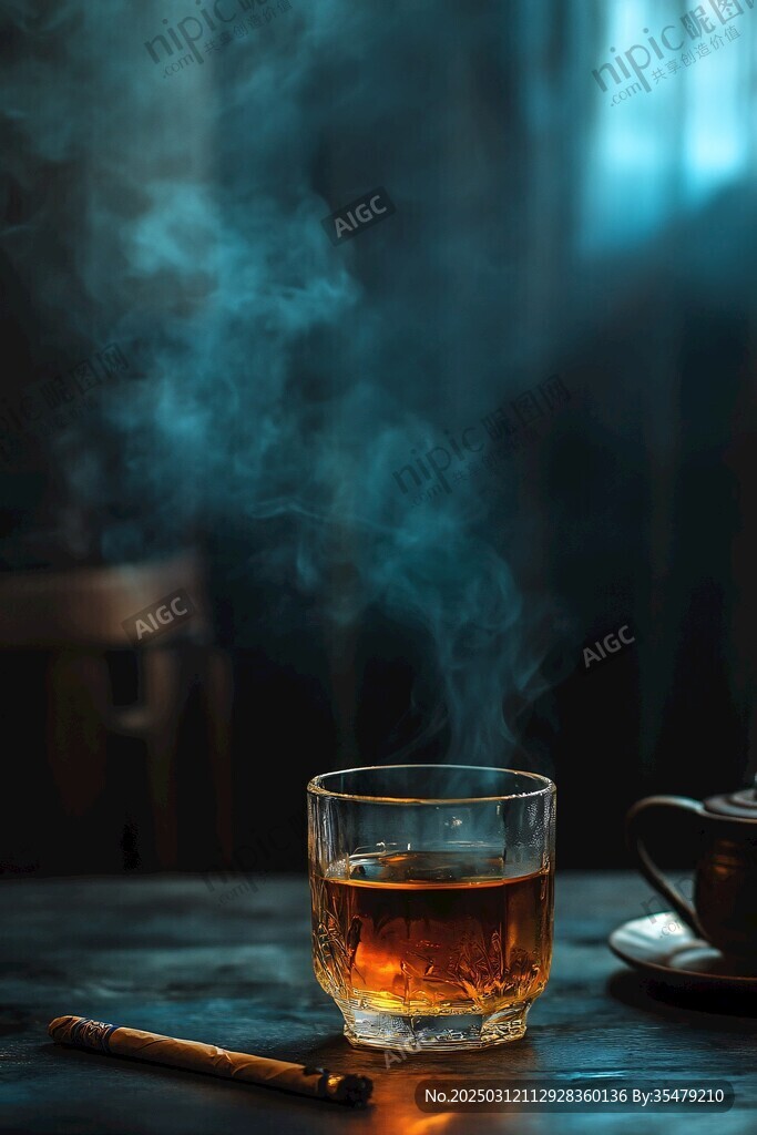 暖色调的夜晚 一杯热饮 雪茄 和柔和的烟雾