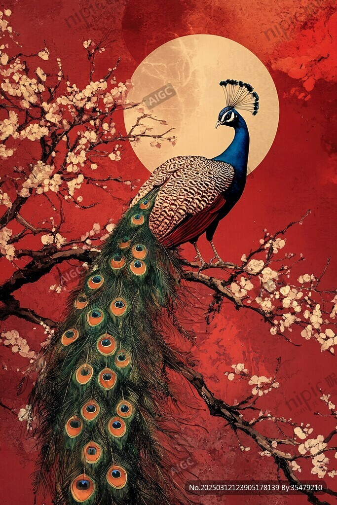 孔雀与梅花 背景满月