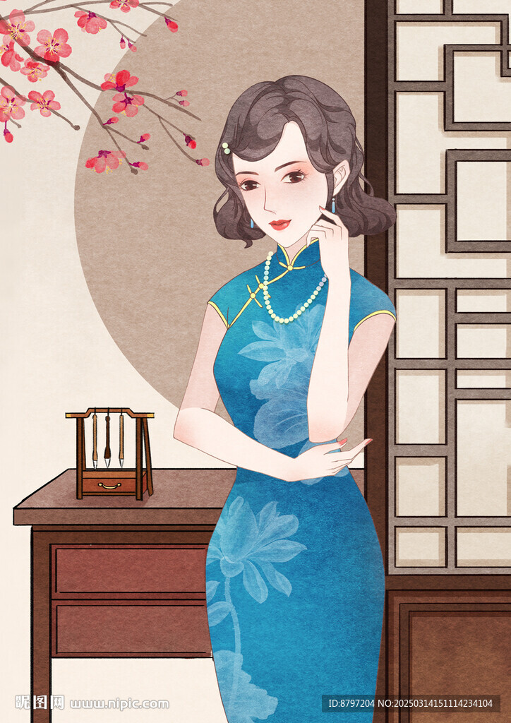 手绘中国风民国风旗袍女子