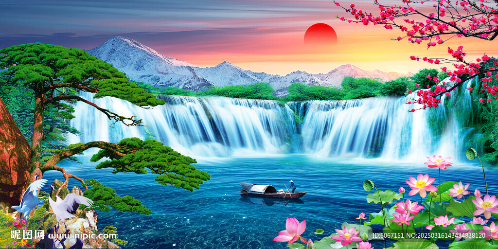 流水生财瀑布山水画