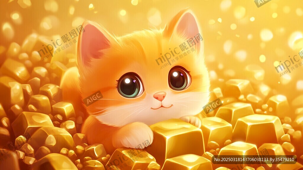 金色宝藏中的可爱小猫