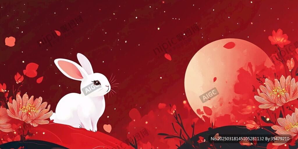 神秘夜兔 红月映照 花海星空