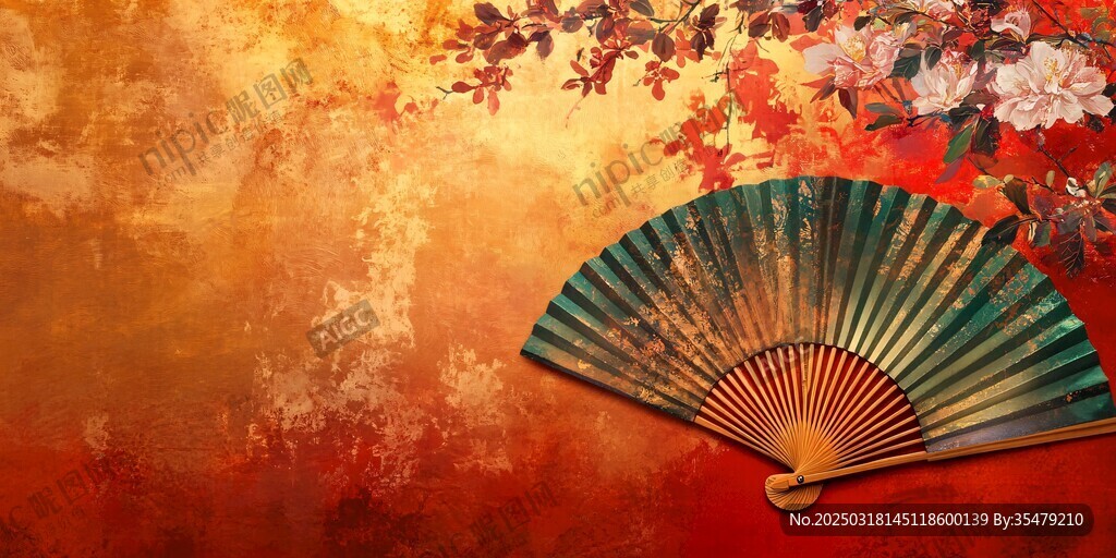 东方美学的折扇与花卉