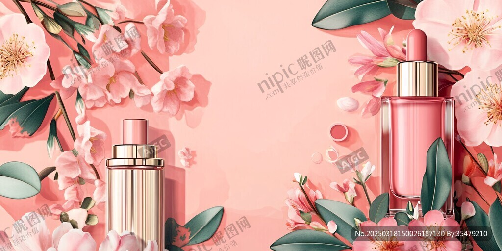 粉色花卉与化妆品之美