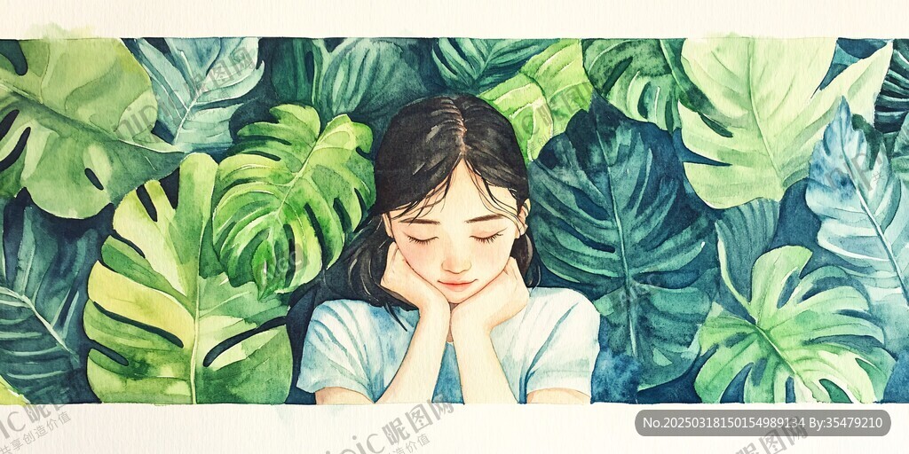 女孩与绿叶