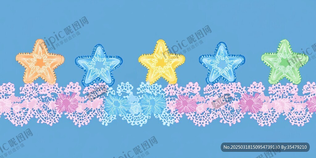 五彩缤纷的海星和花朵在蓝色背景下舞动