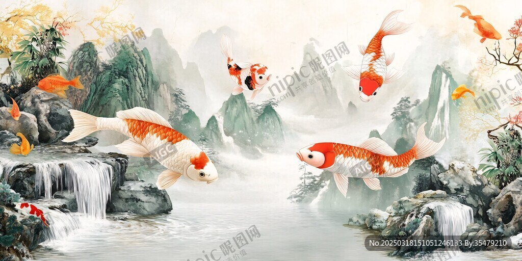 锦鲤飞跃山水画