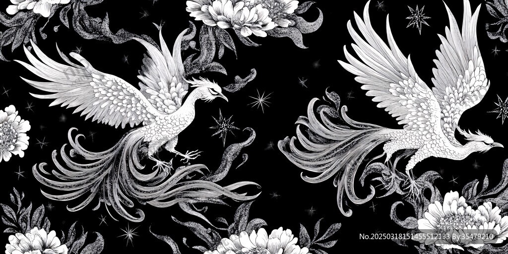 神秘黑白花鸟图案