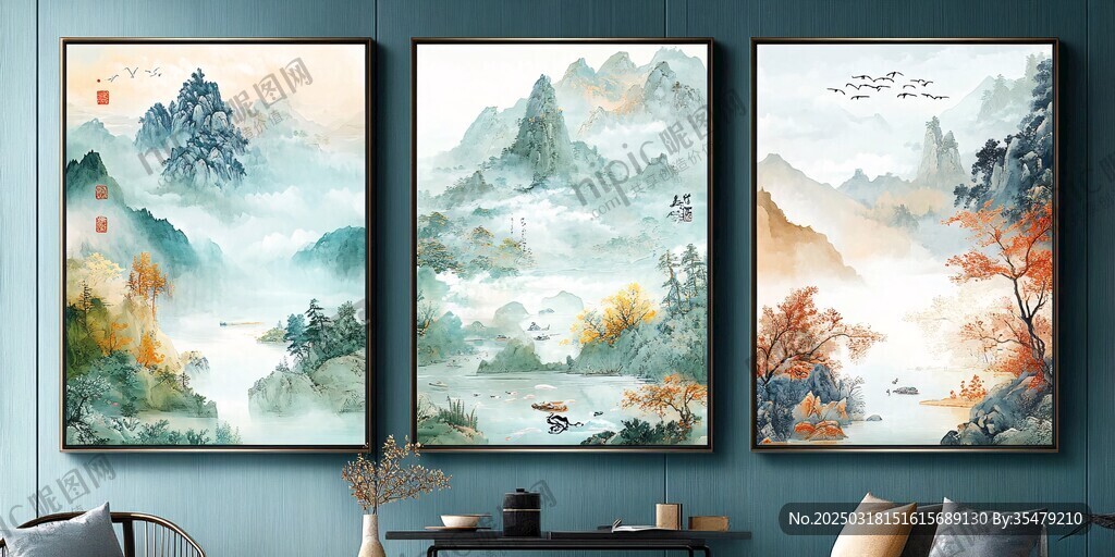 中国风山水画三联画