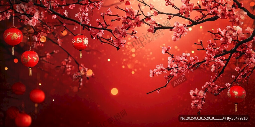 红色桃花灯笼的中国新年之夜