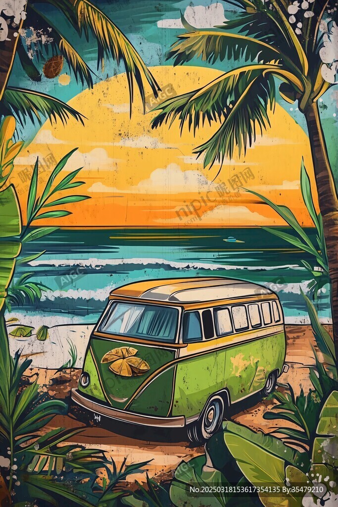 海滩上的复古巴士