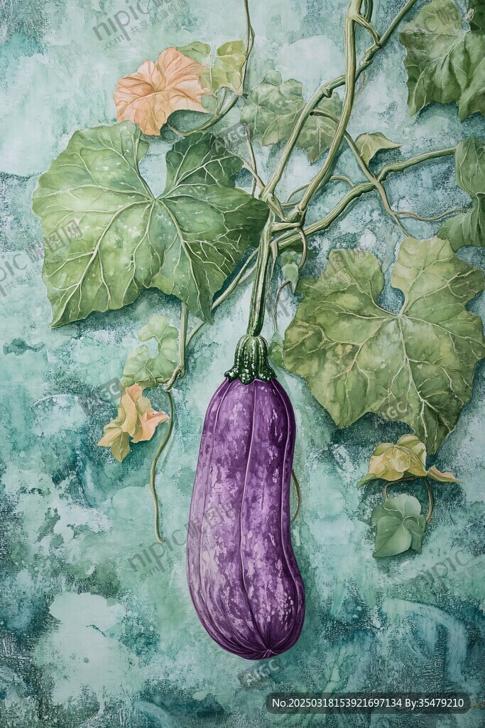 绘画中的茄子与叶子