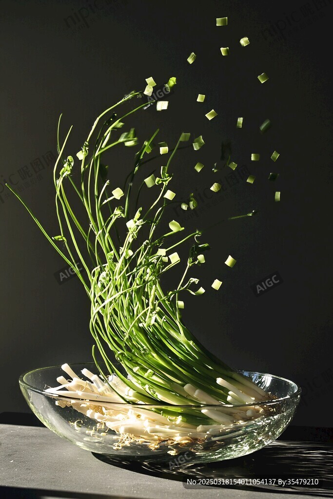 动态飞舞的绿色蔬菜切片