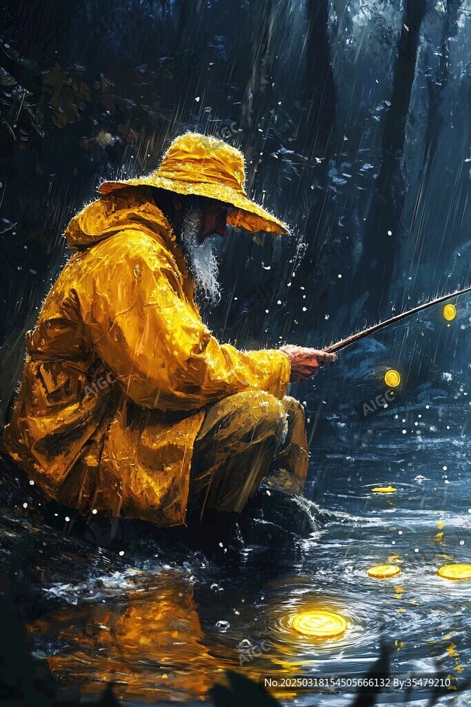 雨中钓鱼的老人