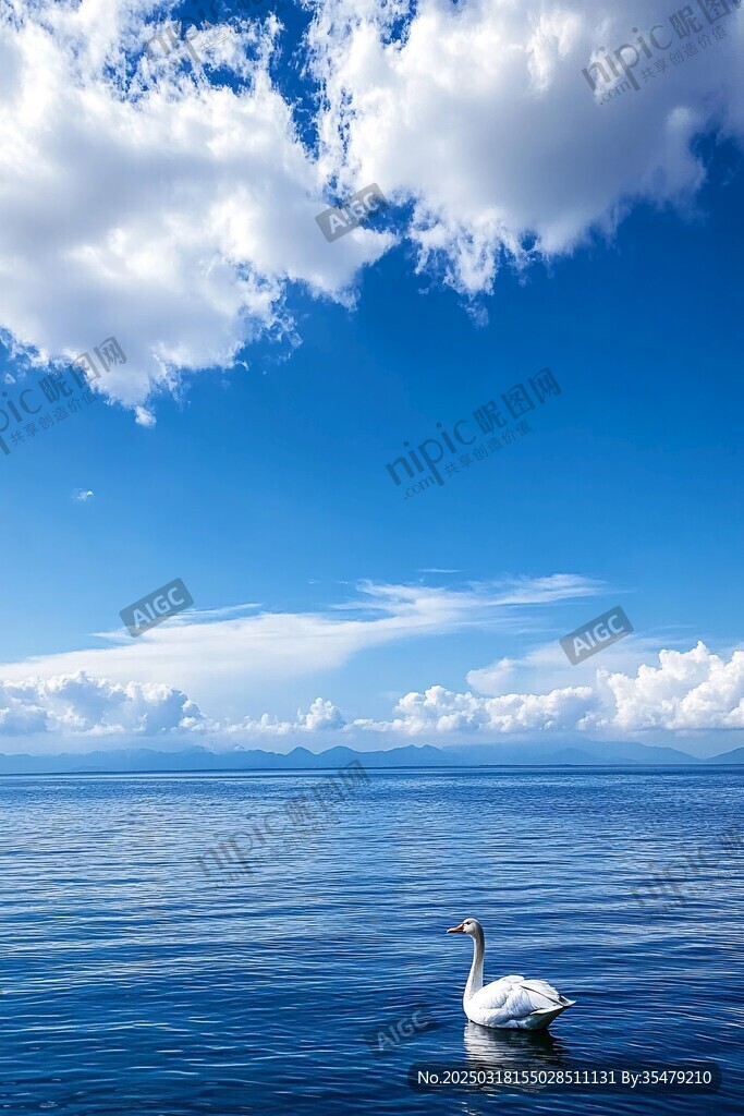云天空下 白色天鹅在宁静的蓝色水面上游泳