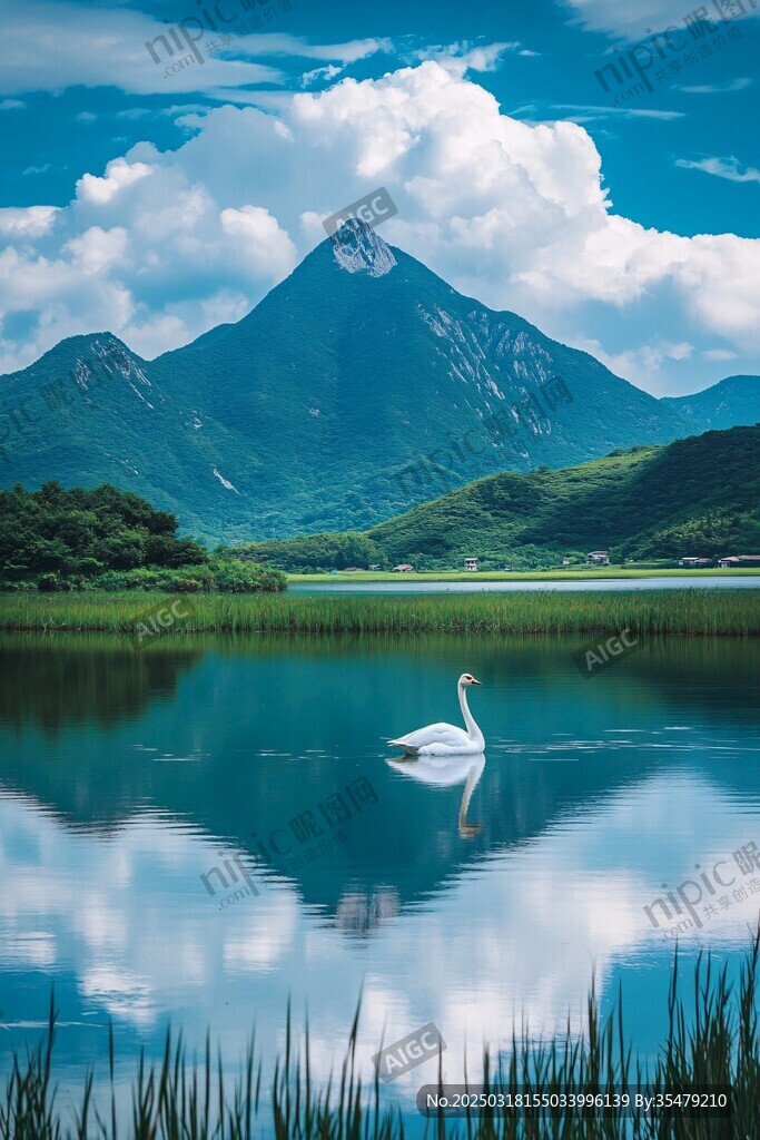 天鹅湖山水画