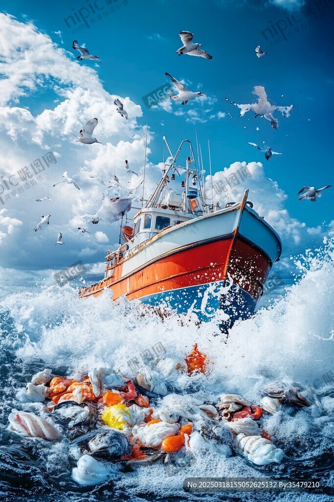 汹涌海浪中的渔船与海鸥