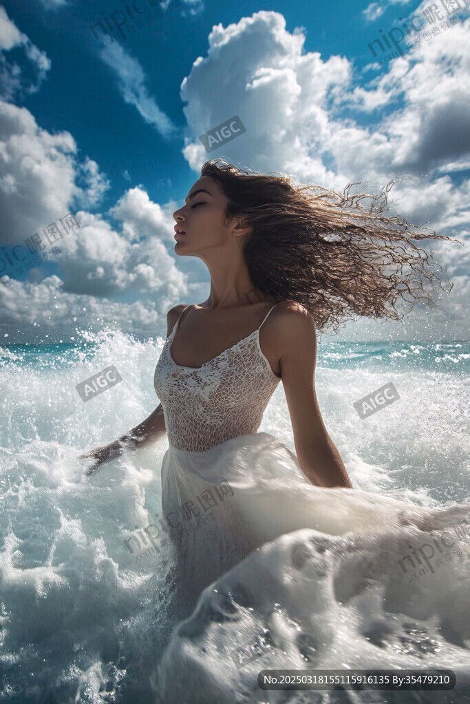 海浪中的白裙女子