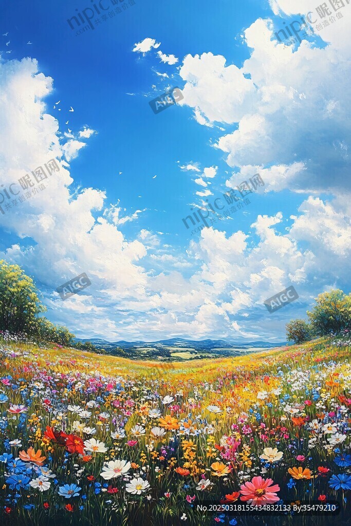 蓝天白云下的花海风景