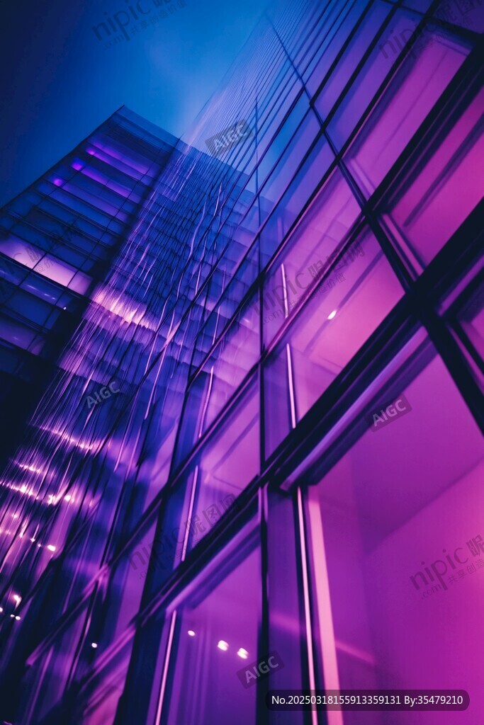 紫色灯光下的玻璃建筑
