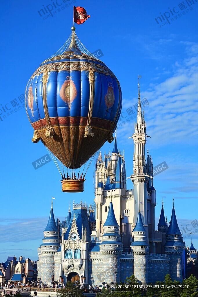 梦幻城堡中的飞行热气球