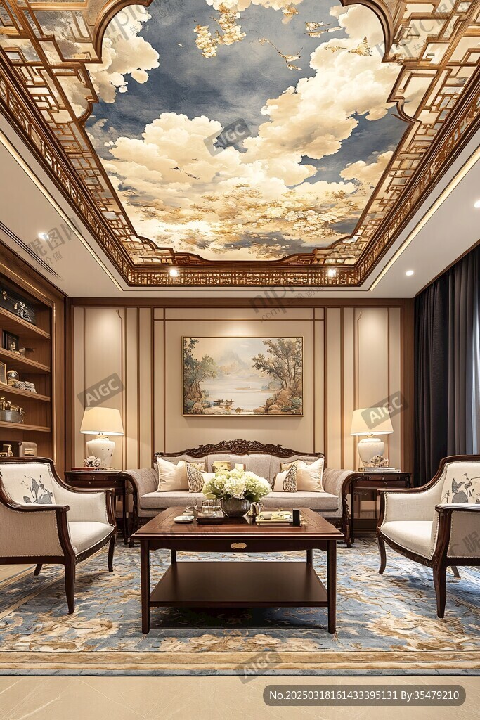 豪华客厅 天花板壁画 古典家具 舒适休闲空间