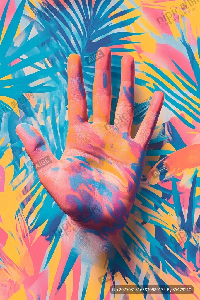 五彩斑斓的手印与热带植物背景