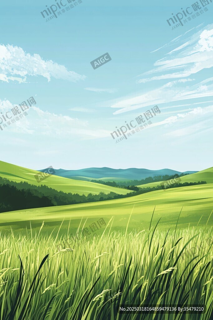 绿色丘陵与蓝天白云