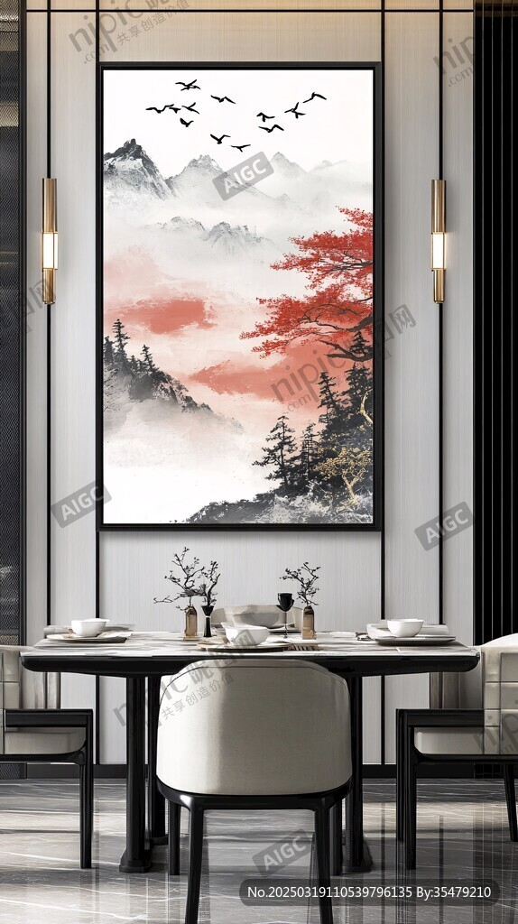 山水画中的红叶与飞鸟